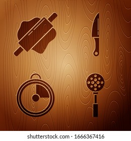 Set Spatula , Rolling pin , Kitchen timer  and Knife  on wooden background. Vector