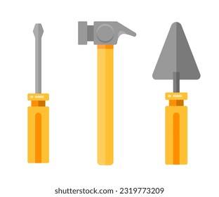 Satz Spatel, Schraubenzieher und Hammer. Service-Tools. Handgezeichnete Flachkollektion in der Industrie. Industrieausrüstung