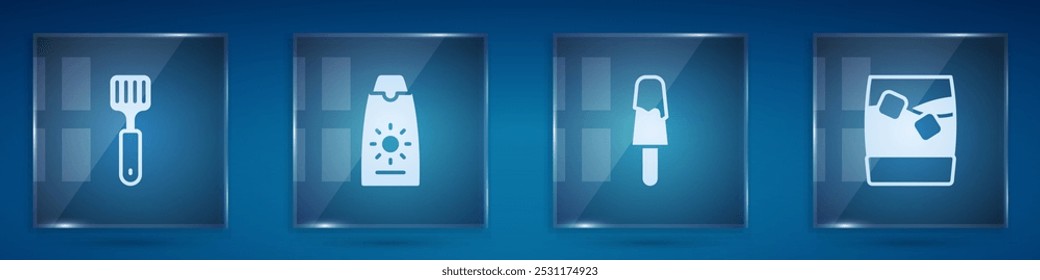 Set Spatula, Sunscreen cream in tube, Ice and Glass of whiskey with ice. Square glass panels. Vector