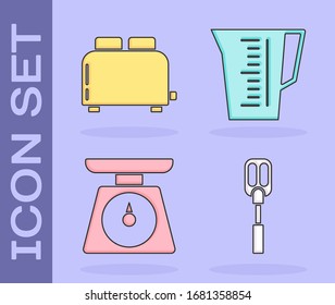 Set Spatula , Toaster with toasts , Scales  and Measuring cup icon. Vector