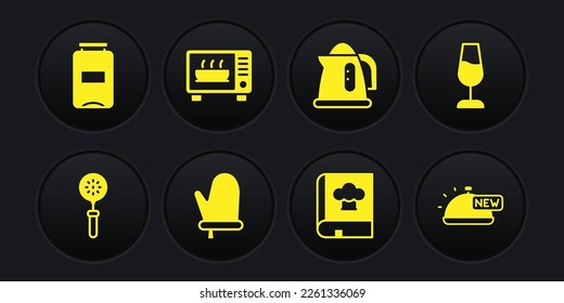 Set Spatula, Wine glass, Oven glove, Cookbook, Electric kettle, Microwave oven, Covered with tray of food and Jam jar icon. Vector