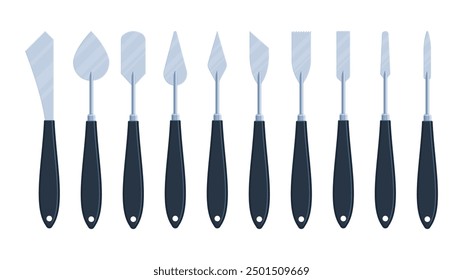 Set of spatulas and art palette knives with various shapes. Flat vector illustration isolated on white background. Painting tools concept. Perfect for educational materials and creative projects