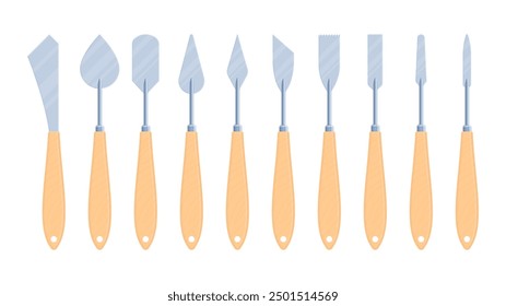 Set of spatulas and art palette knives with wooden handles. Flat vector illustration isolated on white background. Painting tools concept. Perfect for educational materials and creative projects