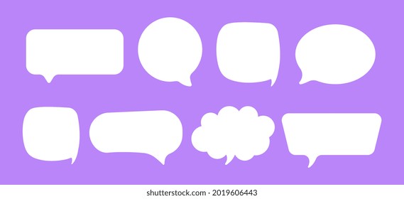 Set of speak bubble. Simple design elements for text of various shapes. Balloon in form of square, circle, rectangle and cloud. Sticker for web and app. Flat vector set isolated on purple background