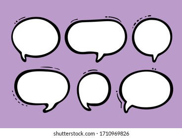 Set of speak bubble text, chatting box, message box outline cartoon vector illustration design. Balloon doodle style of thinking sign symbol.