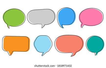 Set of speak bubble text, chatting box, message box outline cartoon vector illustration design. Balloon color note doodle style of thinking sign symbol.