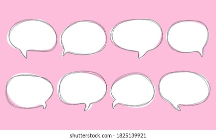 Set of speak bubble text, chatting box, message box outline cartoon vector illustration design. Balloon doodle style of thinking sign symbol.