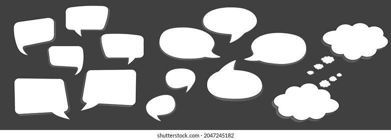 Set of speak bubble text, chatting box, message box outline cartoon vector illustration design. Balloon doodle style of thinking sign symbol.