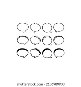 Set of speak bubble text, chatting box, message box outline cartoon vector illustration design. Balloon doodle style of thinking sign symbol.
