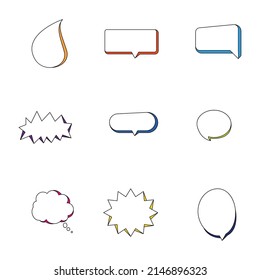Set of speak bubble text, chatting box, message box outline cartoon vector illustration design. Balloon doodle style of thinking sign symbol.