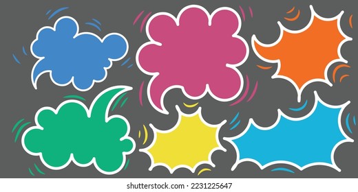 Set of speak bubble text, chatting box, message box outline cartoon vector illustration design. Balloon doodle style of thinking sign symbol