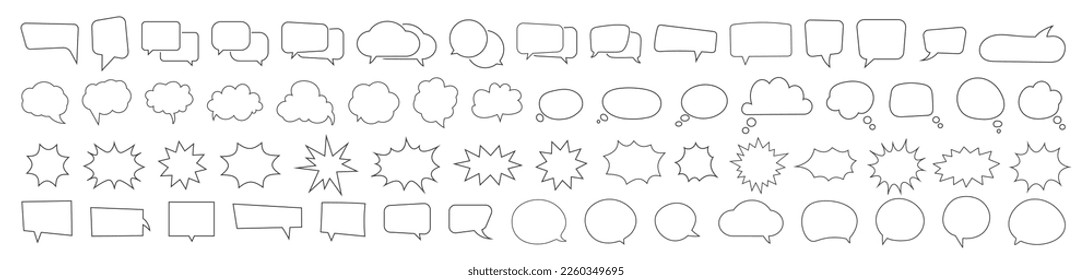 Conjunto de texto de burbuja de voz, cuadro de charla, cuadro de mensaje, esquema de dibujo de dibujos animados diseño de ilustración vectorial. 