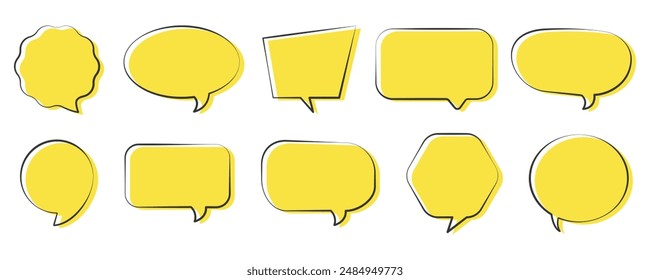 Set of speak bubble text, chatting box, message box outline cartoon vector illustration design. Balloon doodle style of thinking sign symbol.