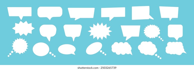 Set of speak bubble text, chatting box, message box outline cartoon vector illustration design. Balloon doodle style of thinking sign symbol.