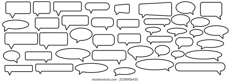 Set of speak bubble text, chatting box, message box outline cartoon vector illustration design. Speech bubble cartoon chat box icon set.