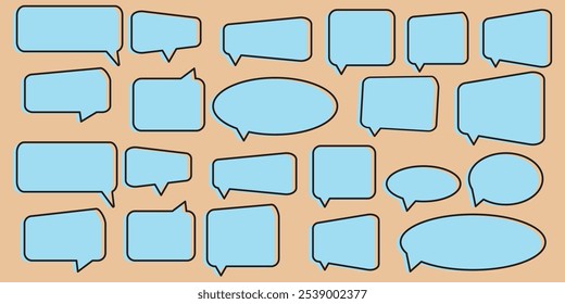 Set of speak bubble text, chatting box, message box outline cartoon vector illustration design. Balloon doodle style of thinking sign symbol.