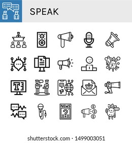 Set of speak icons such as Chat, Speech, Speaker, Megaphone, Microphone, Blog, Podium, Bubbles, Text, Talk, Announcement, Speech bubble, Question, Announce, Thinking , speak