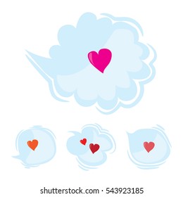 Set of speak and think clouds with red hearts. Cartoon love dialog bubbles. Flat vector Valentines Day design elements, isolated on white background.