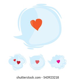 Set of speak and think clouds with red hearts. Cartoon love dialog bubbles. Flat vector Valentines Day design elements, isolated on white background.