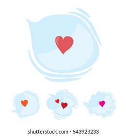 Set of speak and think clouds with red hearts. Cartoon love dialog bubbles. Flat vector Valentines Day design elements, isolated on white background.
