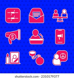 Set Speaker, Ball on chain, Peace talks, Protest, Mourning photo frame, Megaphone and dollar, Gender equality and Barbed wire icon. Vector
