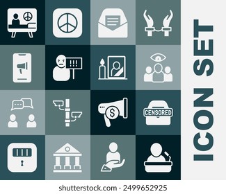 Set Speaker, Censored stamp, Spy, agent, Mail and e-mail, Protest, Peace and Mourning photo frame icon. Vector