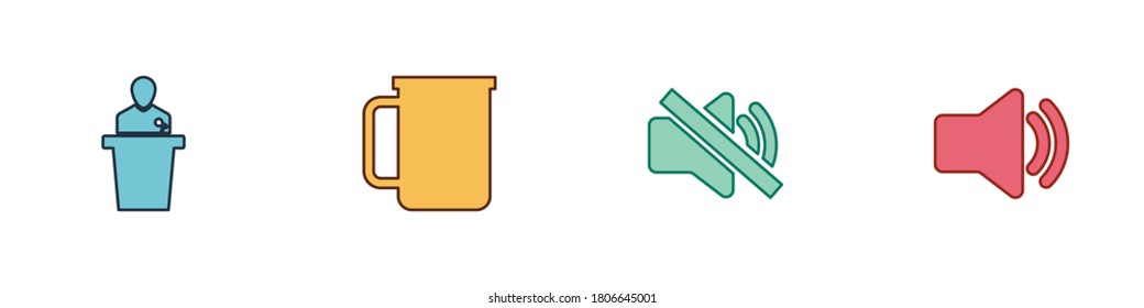 Set Speaker, Coffee cup, mute and volume icon. Vector.