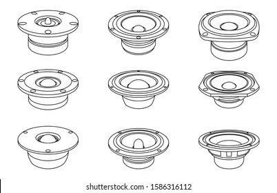 Set of speaker driver icons. Woofers tweeters midrange drivers. Vector thin line