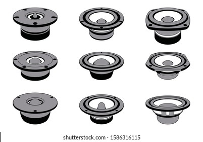 Set of speaker driver icons. Woofers tweeters midrange drivers. Vector illustration