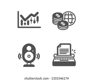 Set of Speaker, Financial diagram and World money icons. Typewriter sign. Music sound, Candlestick chart, Global markets. Writer machine.  Classic design speaker icon. Flat design. Vector