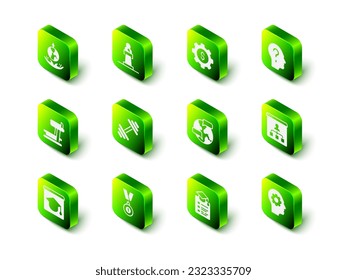 Set Speaker, Gear with dollar, Head question mark, Online education, Human head gear inside, Worldwide,  and Medal icon. Vector