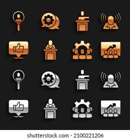 Establecer el altavoz, la caza de cabezas, la base del equipo del proyecto, Mano como, Buscar personas y el icono de charla de burbuja de voz. Vector