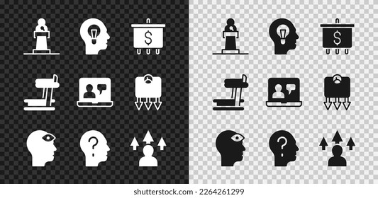 Set Speaker, Human with lamp bulb, Target dollar, Man third eye, Head question mark, Front end development, Treadmill machine and Online education icon. Vector