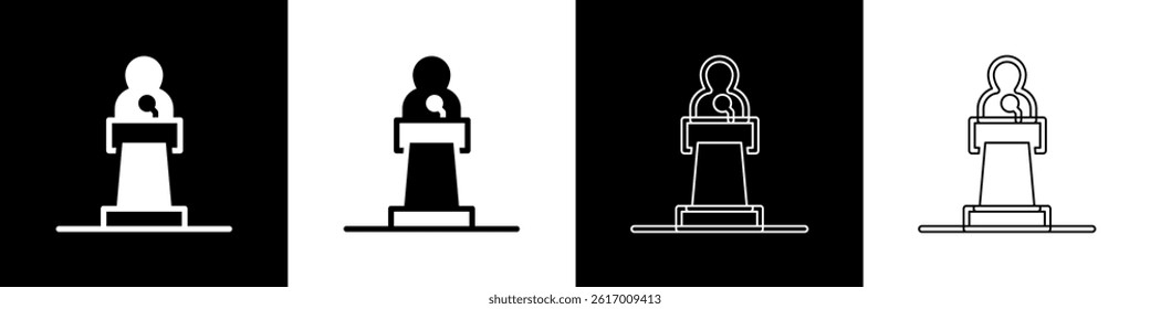 Set Speaker icon isolated on black and white background. Orator speaking from tribune. Public speech. Person on podium.  Vector