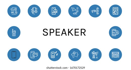 Set of speaker icons. Such as Smartphone, Headphones, Headphone, Gramophone, Megaphone, Hard disk, Music, Loudspeaker, Singer, Radio, Walkie talkie , speaker icons
