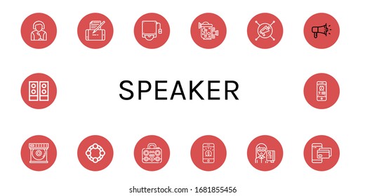Set of speaker icons. Such as Speaker, Smartphone, Hard disk, Old video camera, Megaphone, Dvd player, Tambourine, Boombox, Professor, Speakers , speaker icons