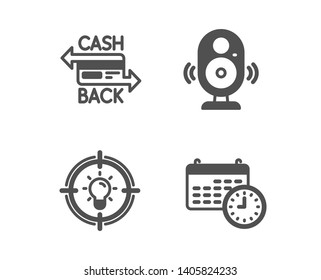 Set of Speaker, Idea and Cashback card icons. Calendar sign. Music sound, Solution, Money payment. Time.  Classic design speaker icon. Flat design. Vector