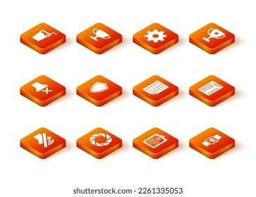 Set Speaker mute, Camera shutter, , Shield, Clinical record and Document icon. Vector