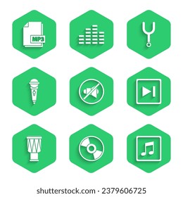 Set Speaker mute, CD or DVD disk, Music note, tone, Fast forward, Drum, Microphone, Musical tuning fork and MP3 file document icon. Vector