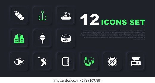 Silencio del altavoz, escalas Electrónicas, flotador de pesca, gusano, chaqueta, arpón, gancho e icono de mosquetón. Vector
