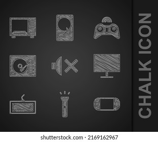 Set Speaker mute, Flashlight, Portable video game console, Computer monitor screen, Keyboard, Vinyl player, Wireless gamepad and Microwave oven icon. Vector