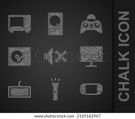 Set Speaker mute, Flashlight, Portable video game console, Computer monitor screen, Keyboard, Vinyl player, Wireless gamepad and Microwave oven icon. Vector