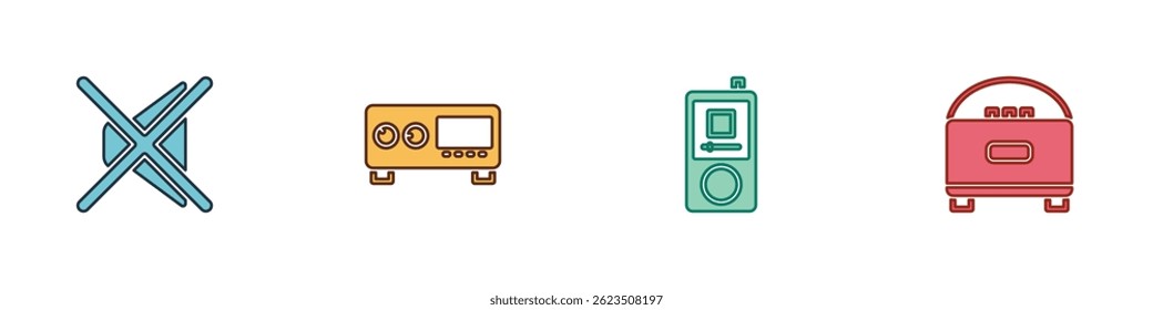 Set Speaker mute, Guitar amplifier, Music player and Stereo speaker icon. Vector