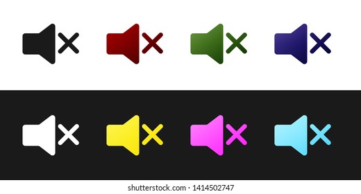 Set Speaker mute icon isolated on black and white background. No sound icon. Volume Off symbol. Vector Illustration