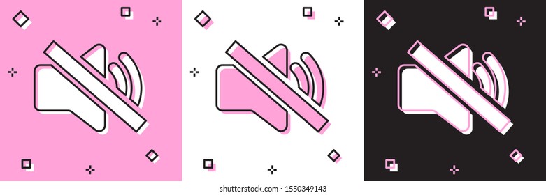 Set Speaker mute icon isolated on pink and white, black background. No sound icon. Volume Off symbol.  Vector Illustration