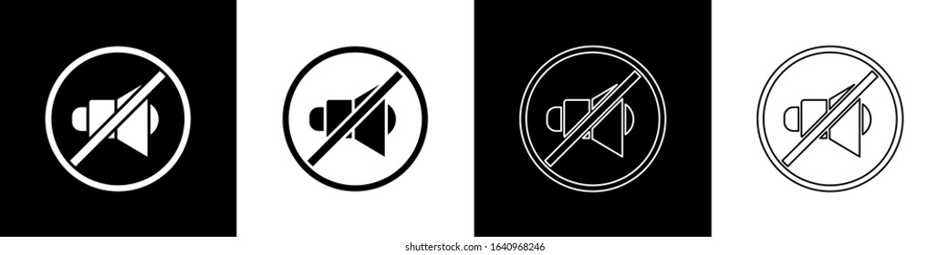 Set Speaker mute icon isolated on black and white background. No sound icon. Volume Off symbol.  Vector Illustration