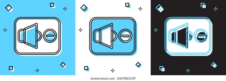 Set Speaker mute icon isolated on blue and white, black background. No sound icon. Volume Off symbol.  Vector