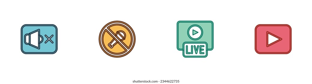 Ajuste el silencio del altavoz, silenciar el micrófono, reproducir en directo y reproducir el icono del botón. Vector