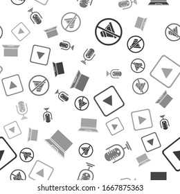 Set Speaker mute, Microphone, Play in square and Laptop on seamless pattern. Vector