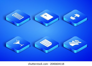 Set Speaker mute, Mobile Apps, Document, Martini glass, Holy bible book and Dumbbell icon. Vector